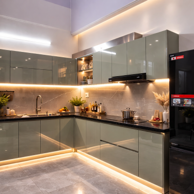 Tủ bếp nhựa than tre cánh acrylic NTT01 chữ L